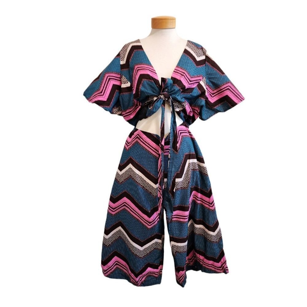 Ray Darten Foye African Printed Geometric Tie Front V Neck Wide Leg Jumpsuit 3X